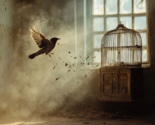 A bird flying away from a birdcage symbolizes freedom and escape.