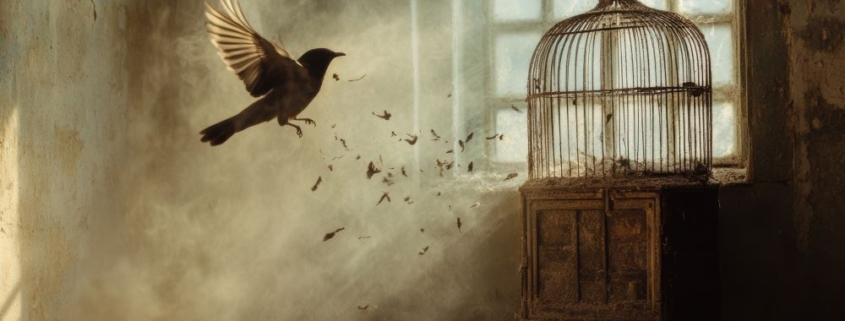 A bird flying away from a birdcage symbolizes freedom and escape.