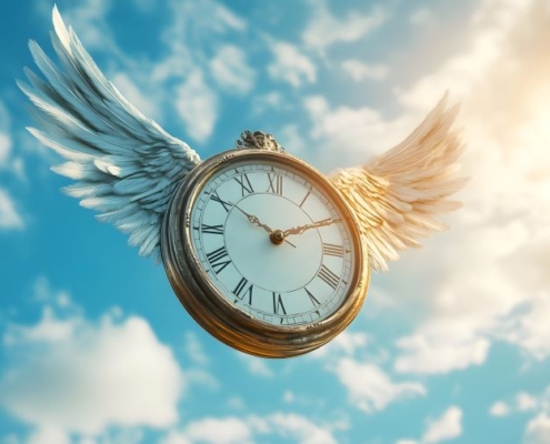 a clock with wings flying in a bright sky