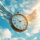 a clock with wings flying in a bright sky