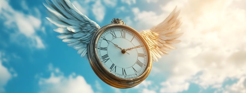 a clock with wings flying in a bright sky