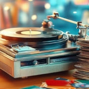 Turntable and Stack of Records.