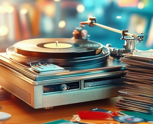 Turntable and Stack of Records.