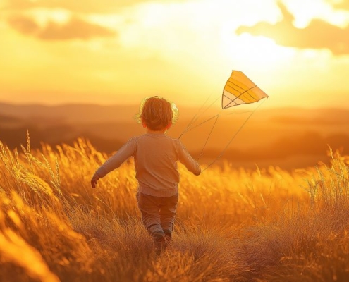 A boy with a kite in hand and the setting sun across an autumn field