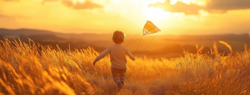 A boy with a kite in hand and the setting sun across an autumn field