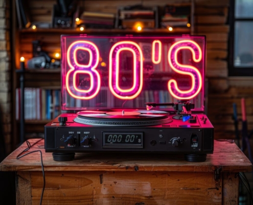 Vintage turntable with neon 80s