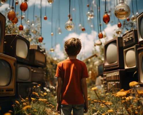 a boy surrounded by a collection of old television screens