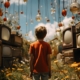 a boy surrounded by a collection of old television screens