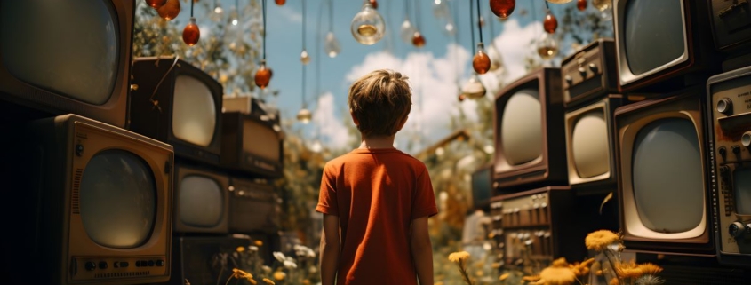 a boy surrounded by a collection of old television screens